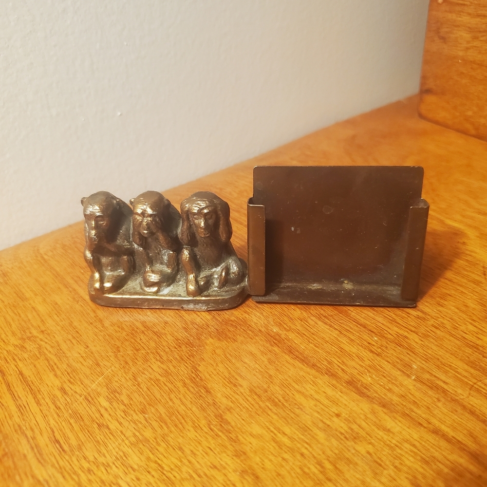 3 Wise Monkeys Brass Match Holder/business card/Small Paperweight Vintage